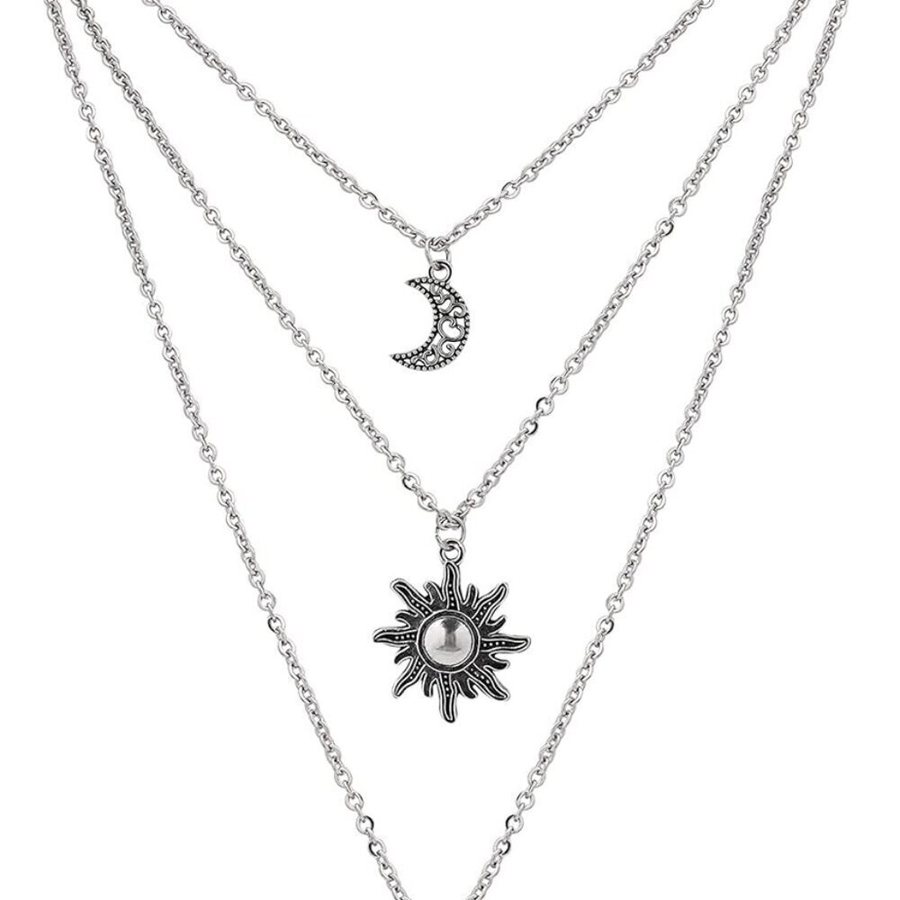 Gothic Layered Sun Moon Crystal Necklace Women Halloween Christmas Jewelry